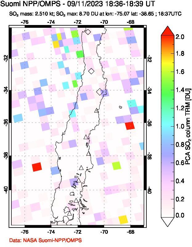 A sulfur dioxide image over Central Chile on Sep 11, 2023.