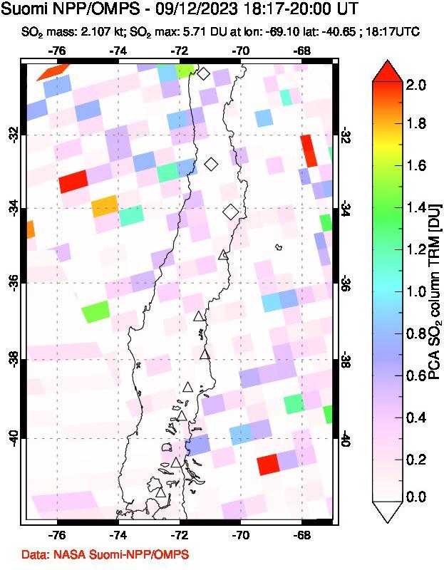 A sulfur dioxide image over Central Chile on Sep 12, 2023.