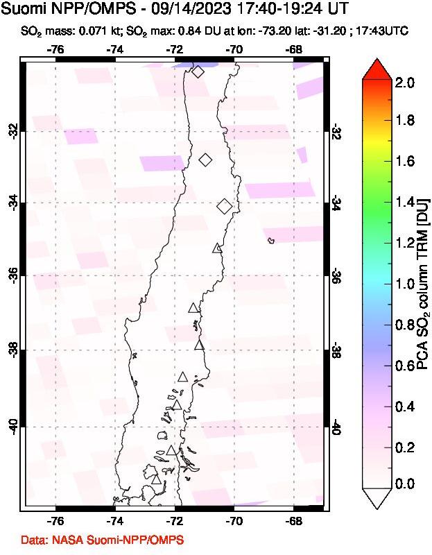 A sulfur dioxide image over Central Chile on Sep 14, 2023.