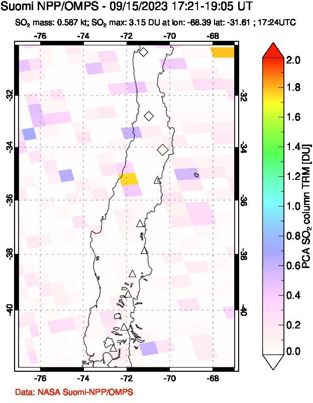 A sulfur dioxide image over Central Chile on Sep 15, 2023.