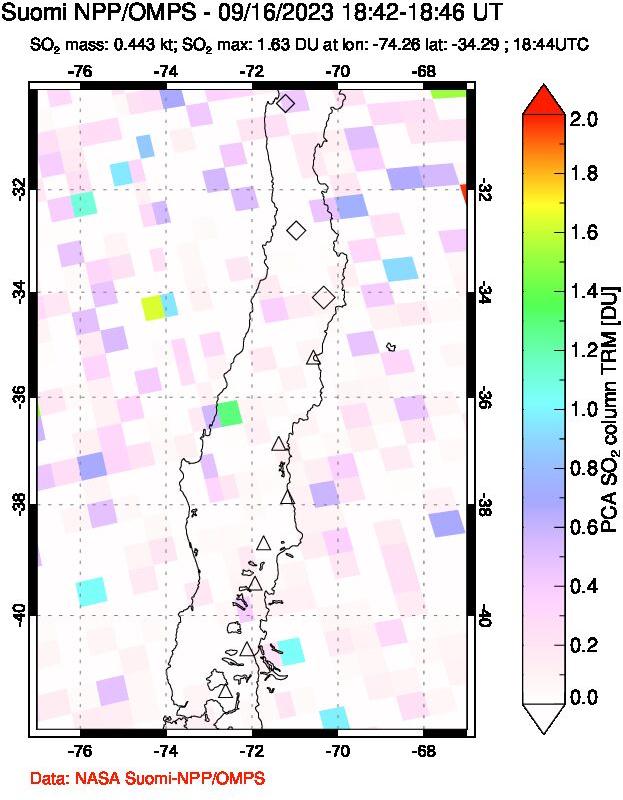 A sulfur dioxide image over Central Chile on Sep 16, 2023.