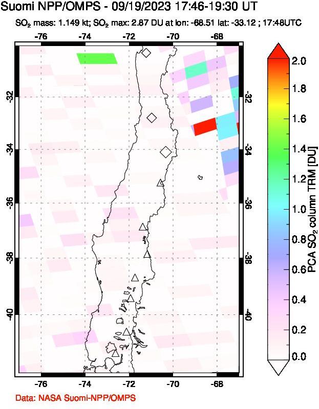 A sulfur dioxide image over Central Chile on Sep 19, 2023.