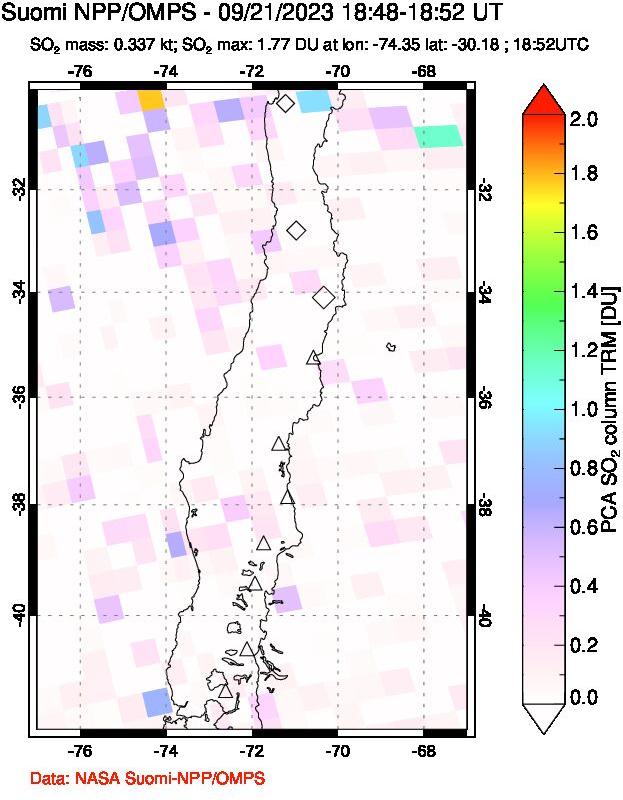 A sulfur dioxide image over Central Chile on Sep 21, 2023.