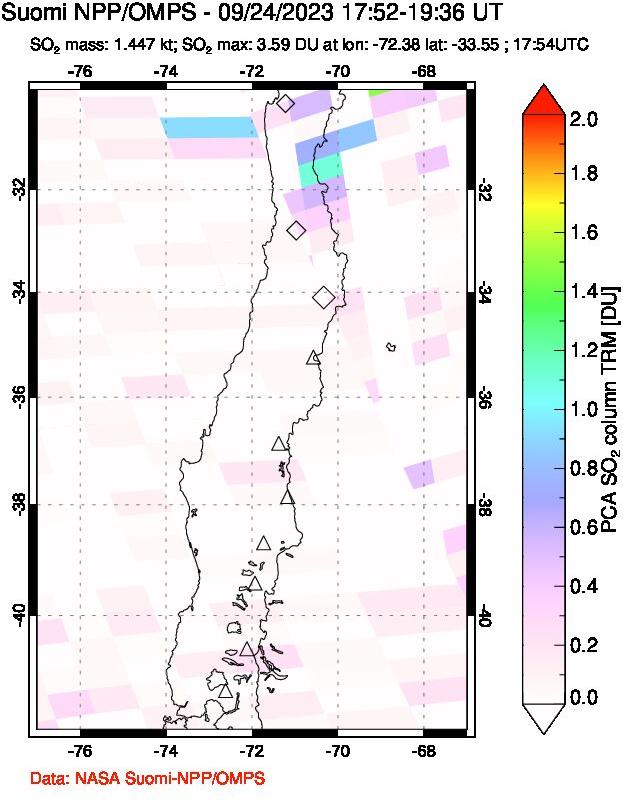 A sulfur dioxide image over Central Chile on Sep 24, 2023.