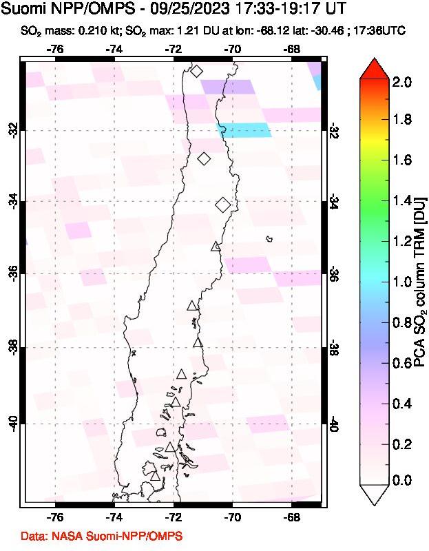 A sulfur dioxide image over Central Chile on Sep 25, 2023.