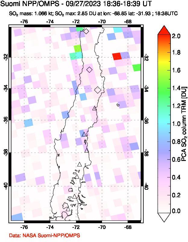 A sulfur dioxide image over Central Chile on Sep 27, 2023.