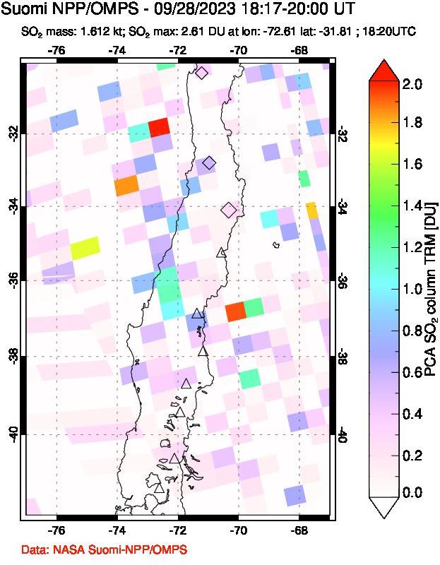 A sulfur dioxide image over Central Chile on Sep 28, 2023.