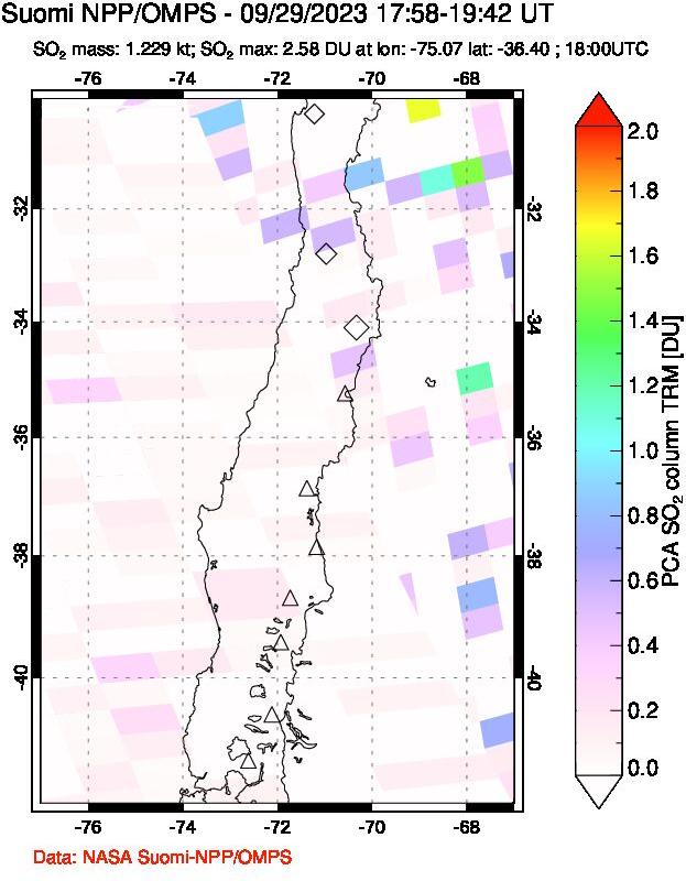 A sulfur dioxide image over Central Chile on Sep 29, 2023.