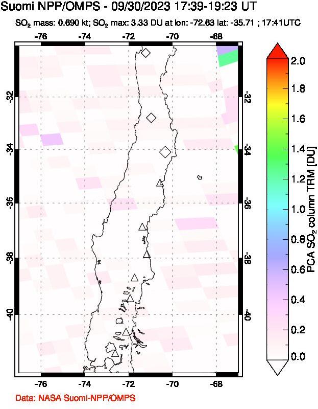 A sulfur dioxide image over Central Chile on Sep 30, 2023.