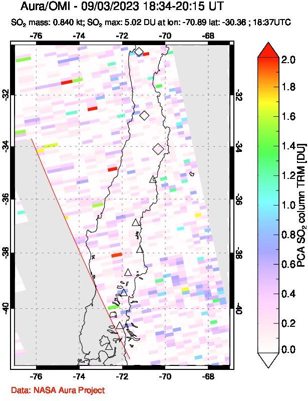 A sulfur dioxide image over Central Chile on Sep 03, 2023.