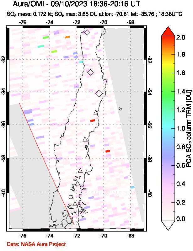 A sulfur dioxide image over Central Chile on Sep 10, 2023.
