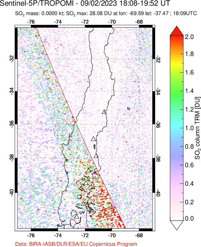 A sulfur dioxide image over Central Chile on Sep 02, 2023.