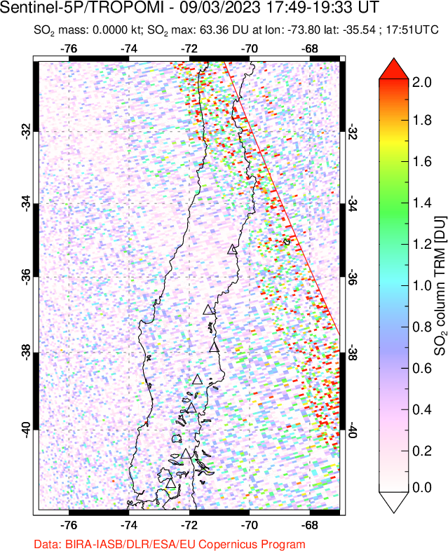 A sulfur dioxide image over Central Chile on Sep 03, 2023.