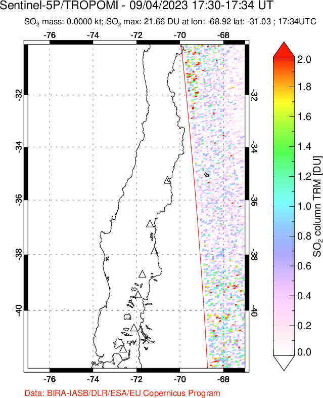 A sulfur dioxide image over Central Chile on Sep 04, 2023.