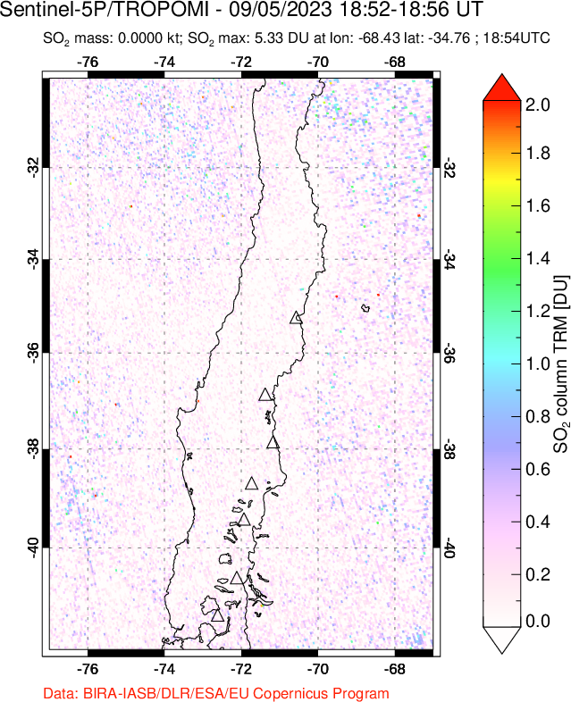 A sulfur dioxide image over Central Chile on Sep 05, 2023.