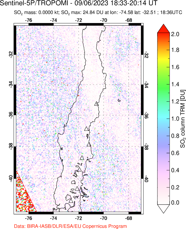 A sulfur dioxide image over Central Chile on Sep 06, 2023.