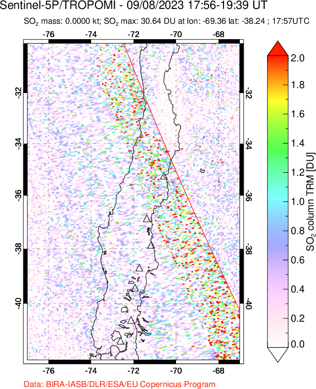 A sulfur dioxide image over Central Chile on Sep 08, 2023.