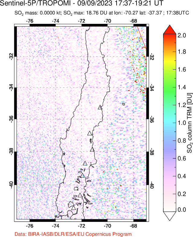 A sulfur dioxide image over Central Chile on Sep 09, 2023.