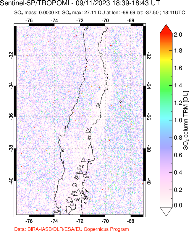 A sulfur dioxide image over Central Chile on Sep 11, 2023.