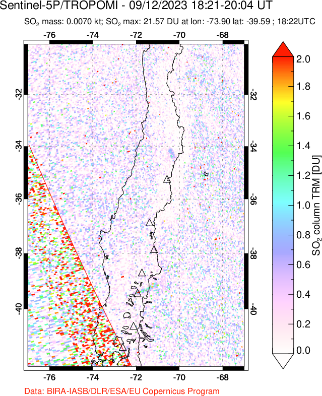 A sulfur dioxide image over Central Chile on Sep 12, 2023.