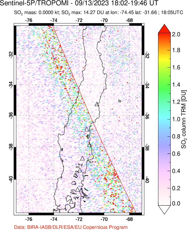 A sulfur dioxide image over Central Chile on Sep 13, 2023.