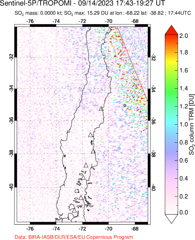 A sulfur dioxide image over Central Chile on Sep 14, 2023.