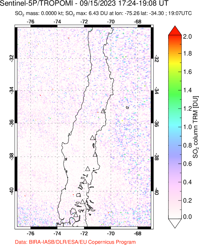 A sulfur dioxide image over Central Chile on Sep 15, 2023.