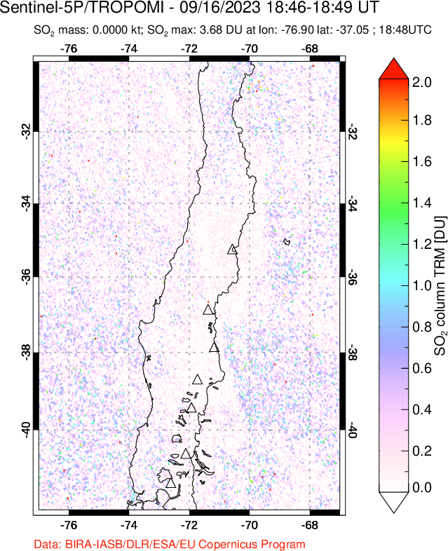 A sulfur dioxide image over Central Chile on Sep 16, 2023.