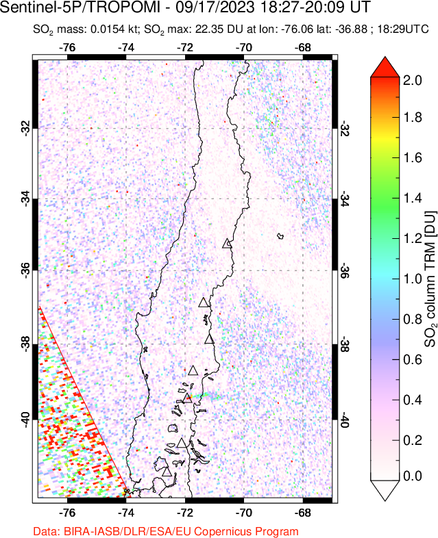 A sulfur dioxide image over Central Chile on Sep 17, 2023.