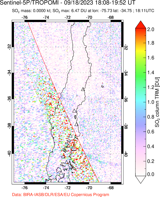 A sulfur dioxide image over Central Chile on Sep 18, 2023.