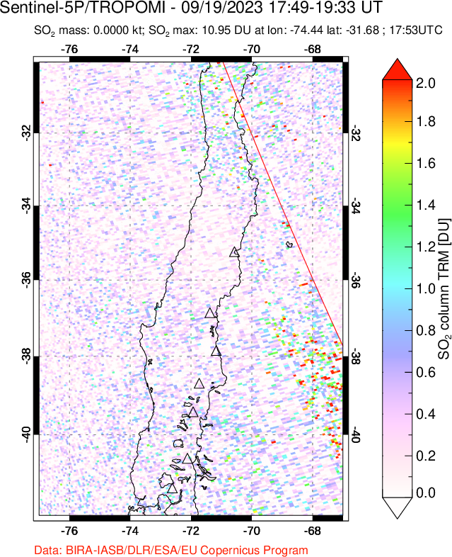 A sulfur dioxide image over Central Chile on Sep 19, 2023.