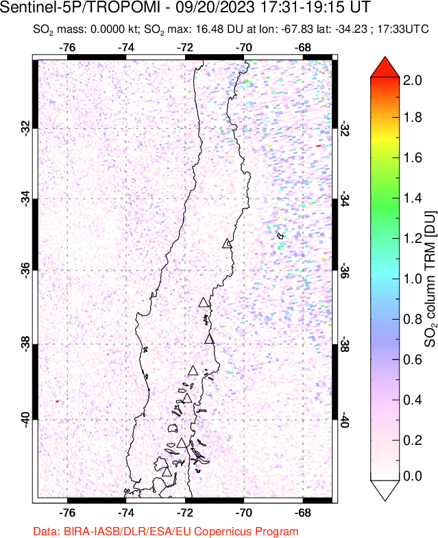 A sulfur dioxide image over Central Chile on Sep 20, 2023.