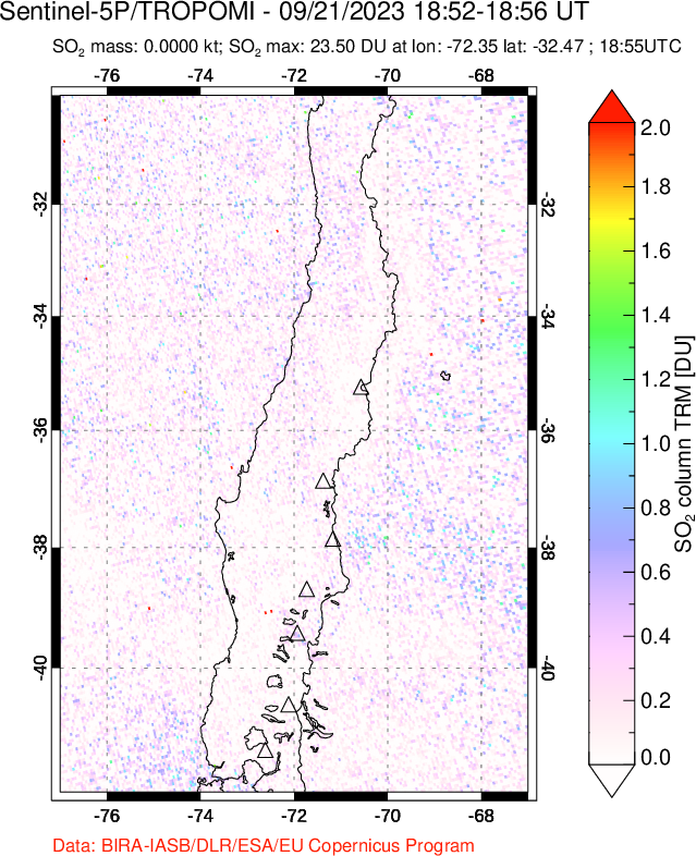 A sulfur dioxide image over Central Chile on Sep 21, 2023.