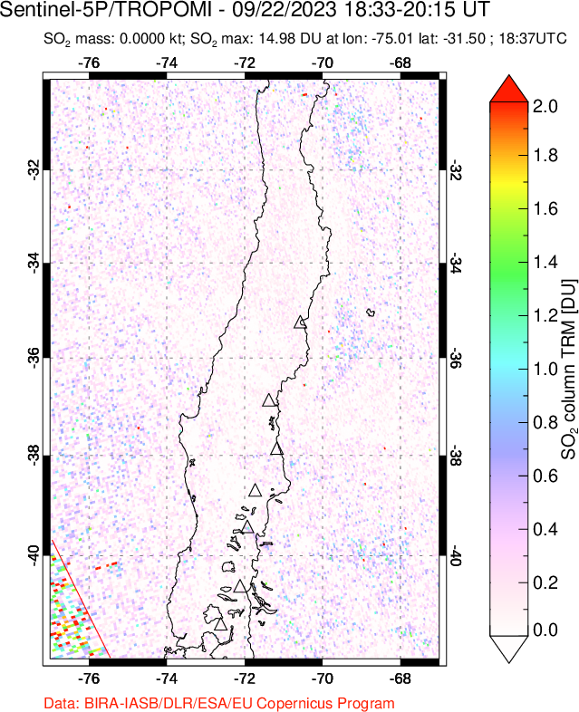 A sulfur dioxide image over Central Chile on Sep 22, 2023.