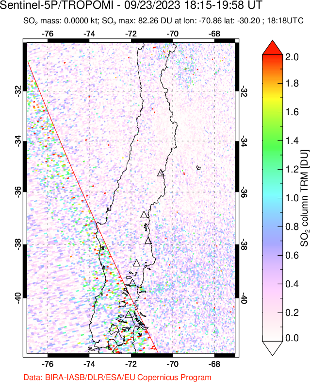 A sulfur dioxide image over Central Chile on Sep 23, 2023.