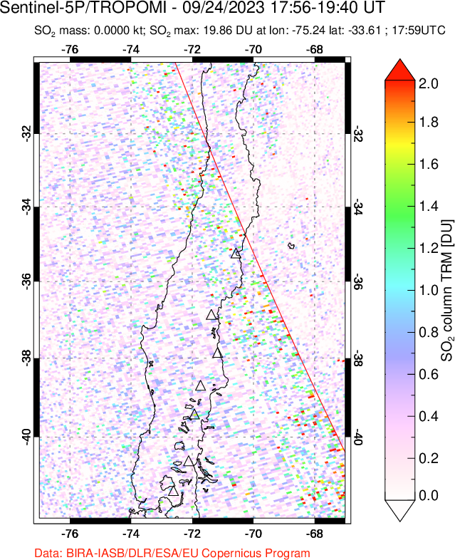 A sulfur dioxide image over Central Chile on Sep 24, 2023.