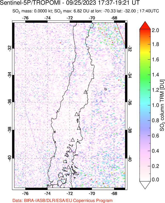 A sulfur dioxide image over Central Chile on Sep 25, 2023.