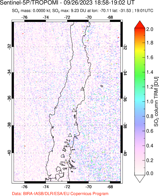 A sulfur dioxide image over Central Chile on Sep 26, 2023.