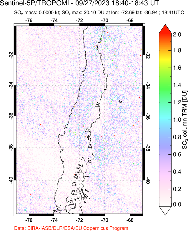 A sulfur dioxide image over Central Chile on Sep 27, 2023.