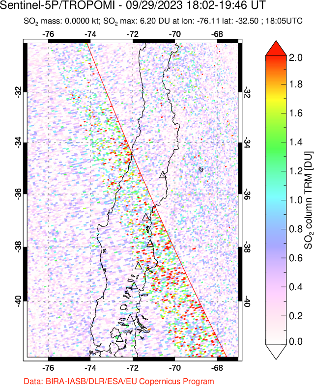 A sulfur dioxide image over Central Chile on Sep 29, 2023.