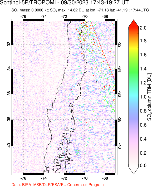 A sulfur dioxide image over Central Chile on Sep 30, 2023.