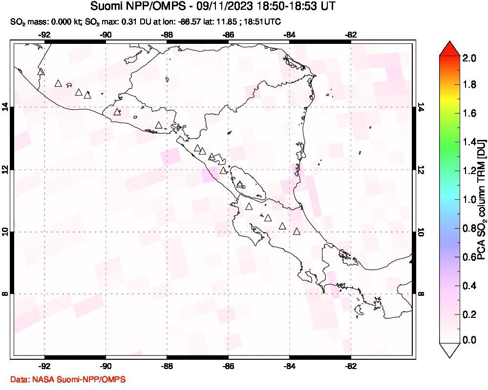 A sulfur dioxide image over Central America on Sep 11, 2023.