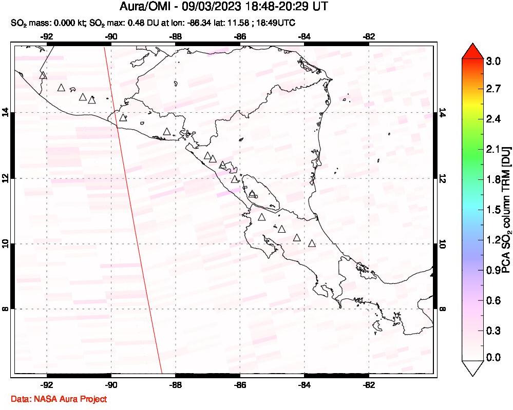 A sulfur dioxide image over Central America on Sep 03, 2023.