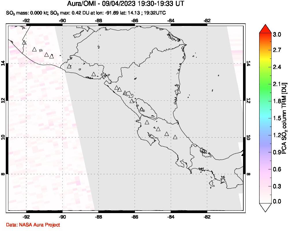 A sulfur dioxide image over Central America on Sep 04, 2023.