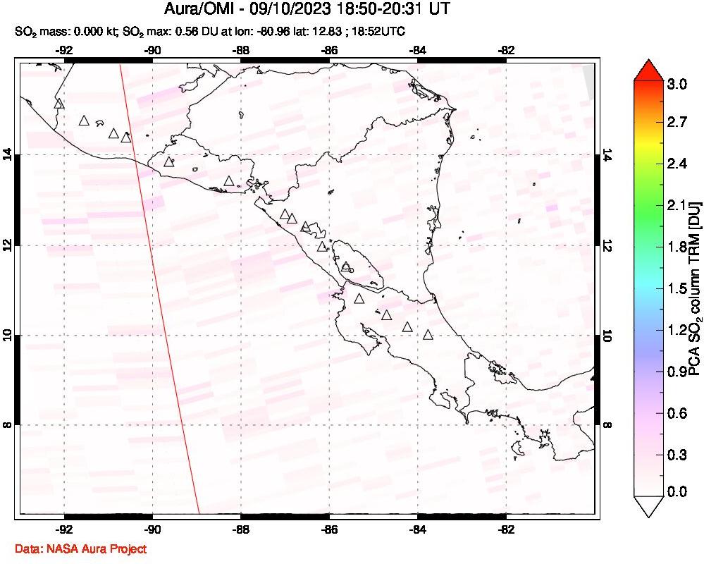A sulfur dioxide image over Central America on Sep 10, 2023.