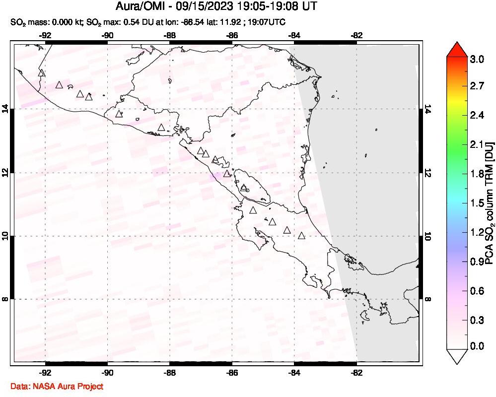 A sulfur dioxide image over Central America on Sep 15, 2023.