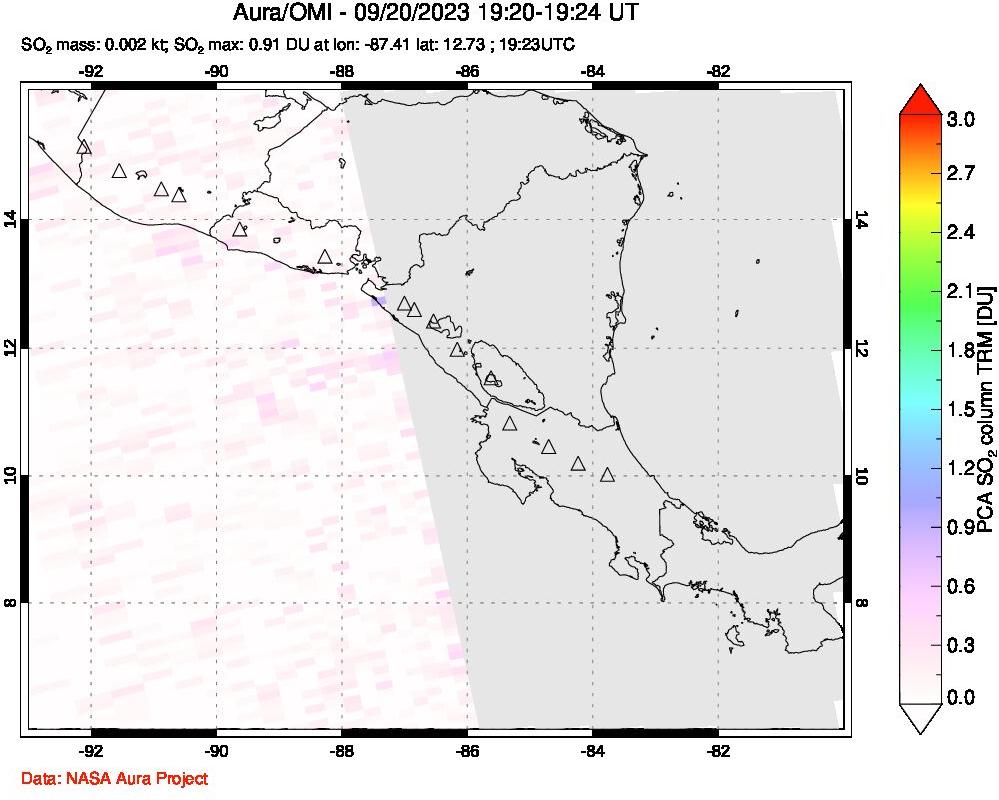 A sulfur dioxide image over Central America on Sep 20, 2023.