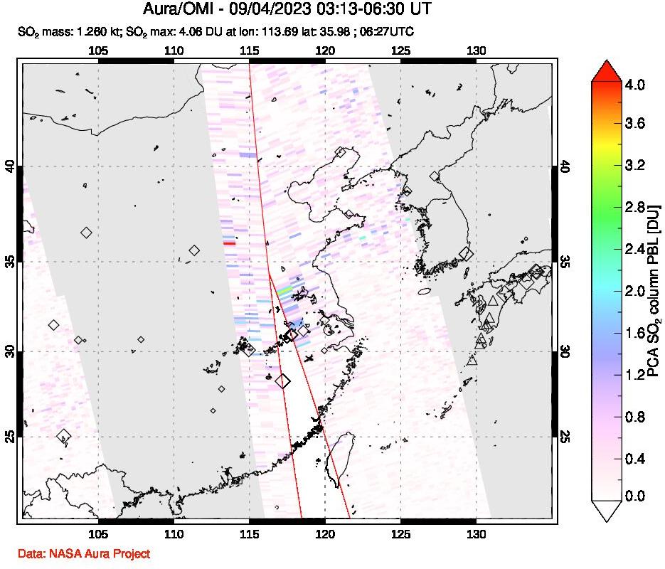 A sulfur dioxide image over Eastern China on Sep 04, 2023.