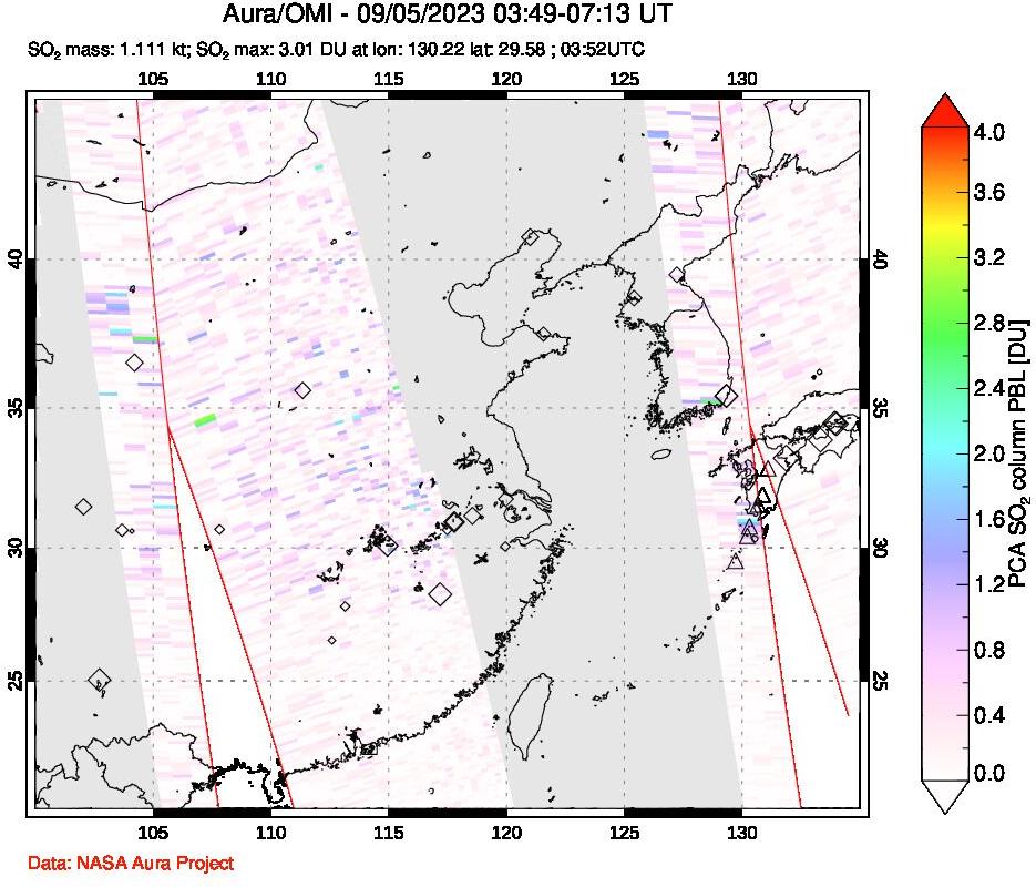 A sulfur dioxide image over Eastern China on Sep 05, 2023.