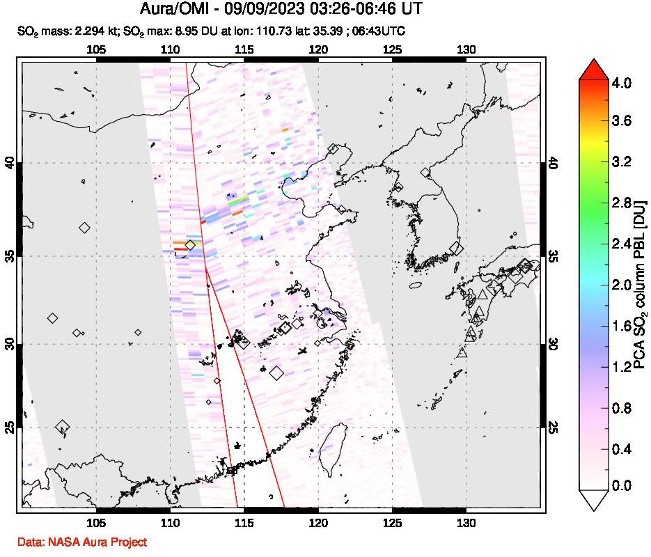 A sulfur dioxide image over Eastern China on Sep 09, 2023.